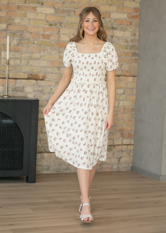 Textured Floral Smocked Midi Dress FF Dresses