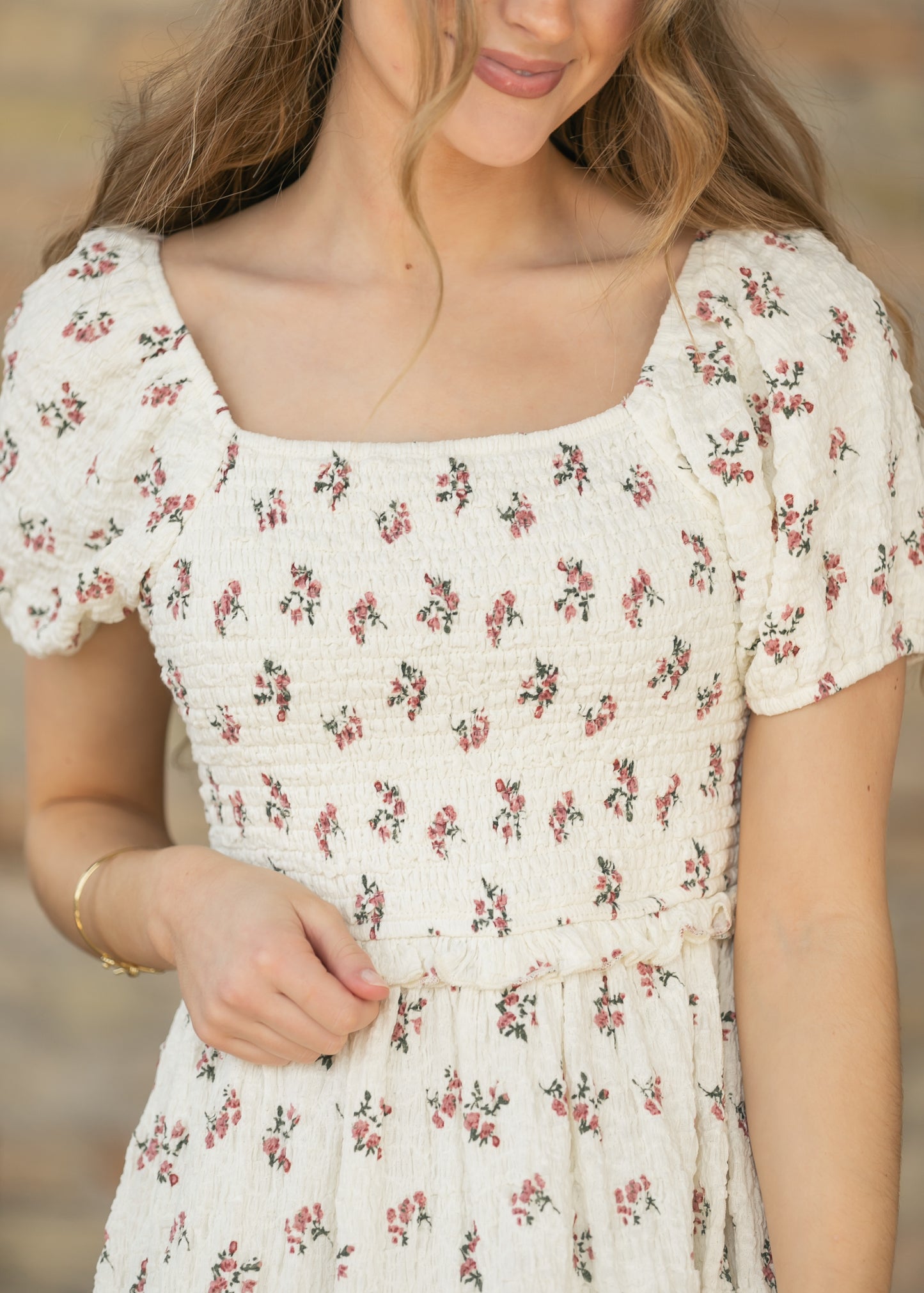 Textured Floral Smocked Midi Dress FF Dresses