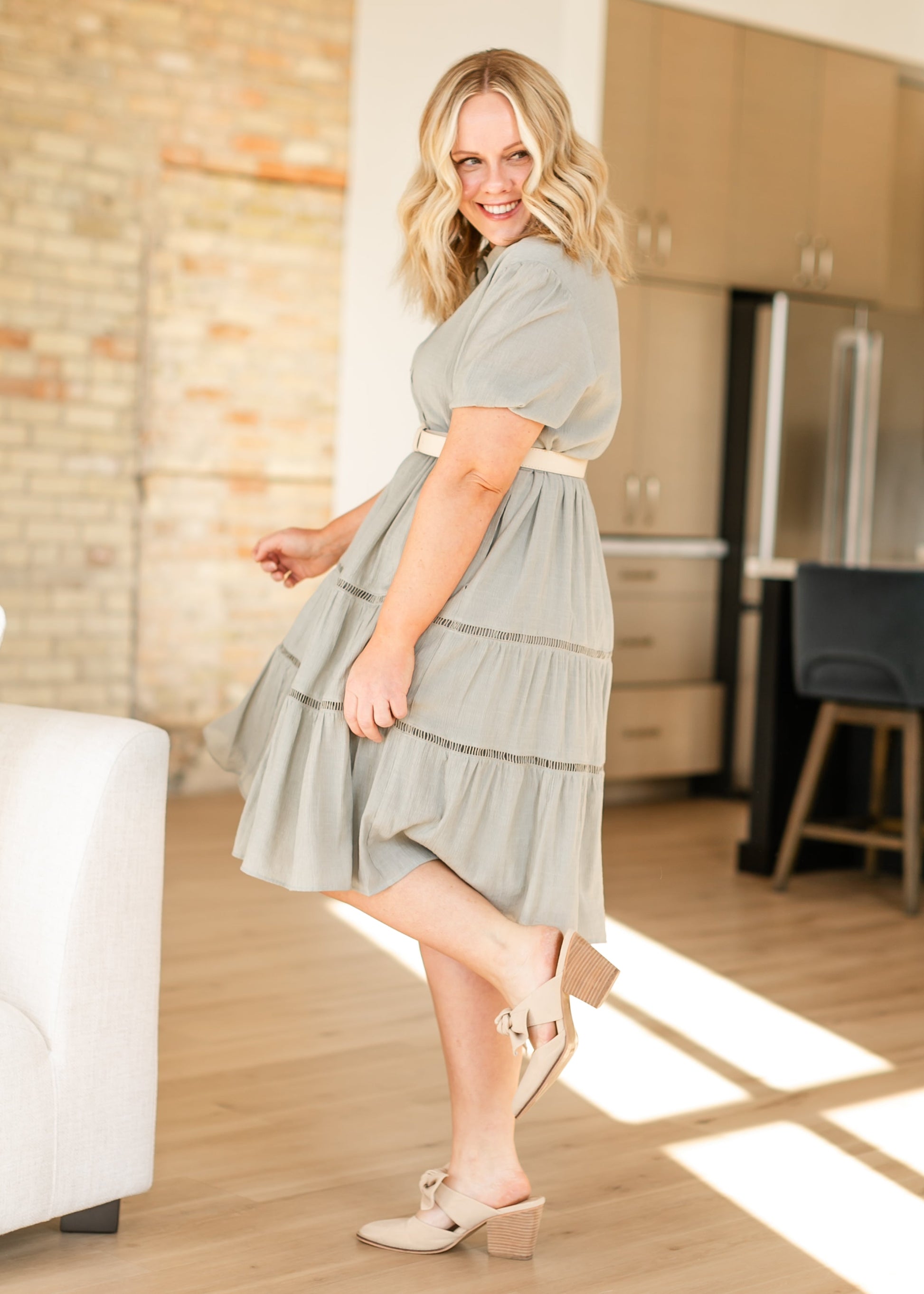 Textured Lace Contrast Half Button Midi Dress - FINAL SALE S Textured Lace Contrast Half Button Midi Dress - FINAL SALE S