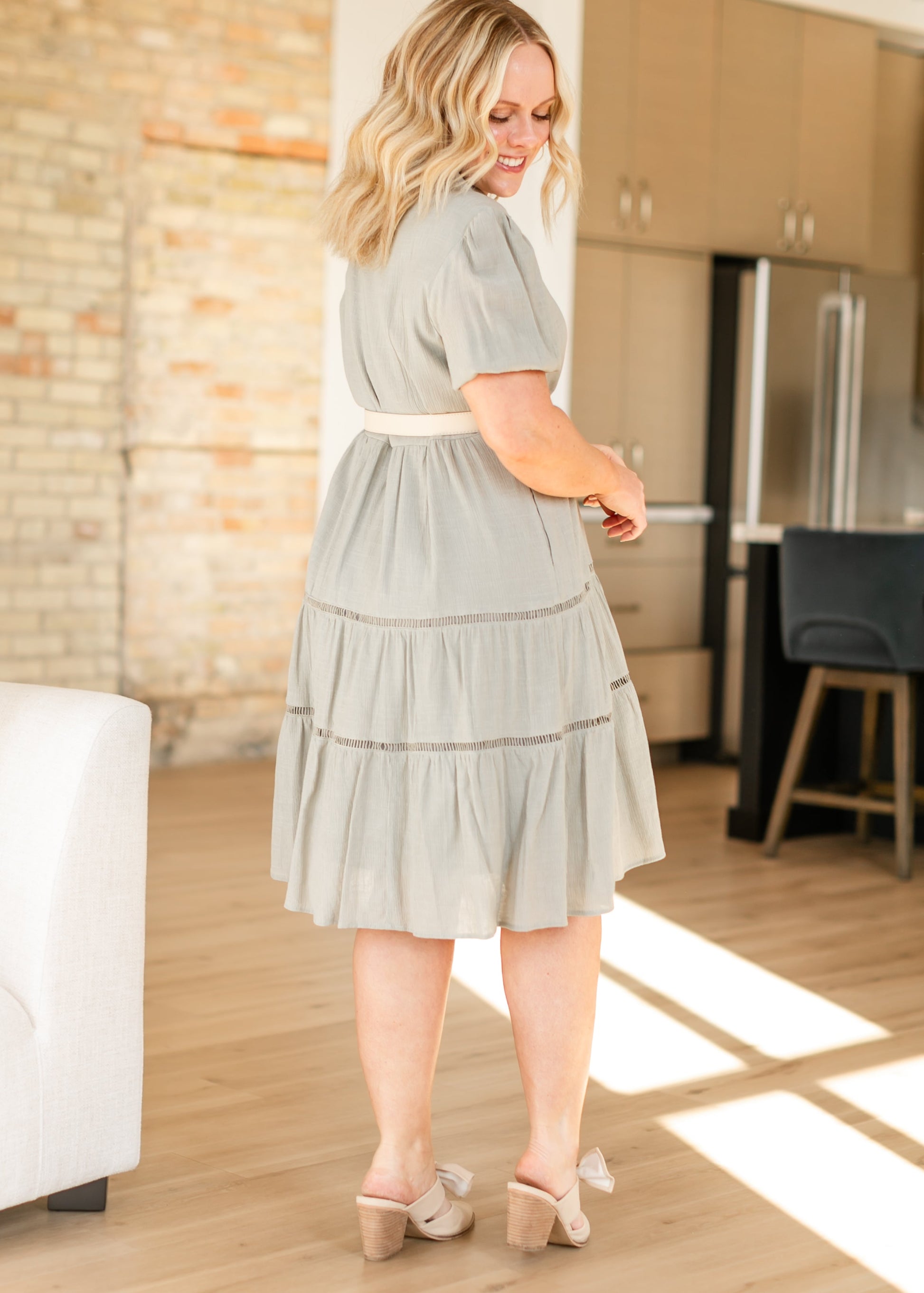 Textured Lace Contrast Half Button Midi Dress - FINAL SALE S Textured Lace Contrast Half Button Midi Dress - FINAL SALE S