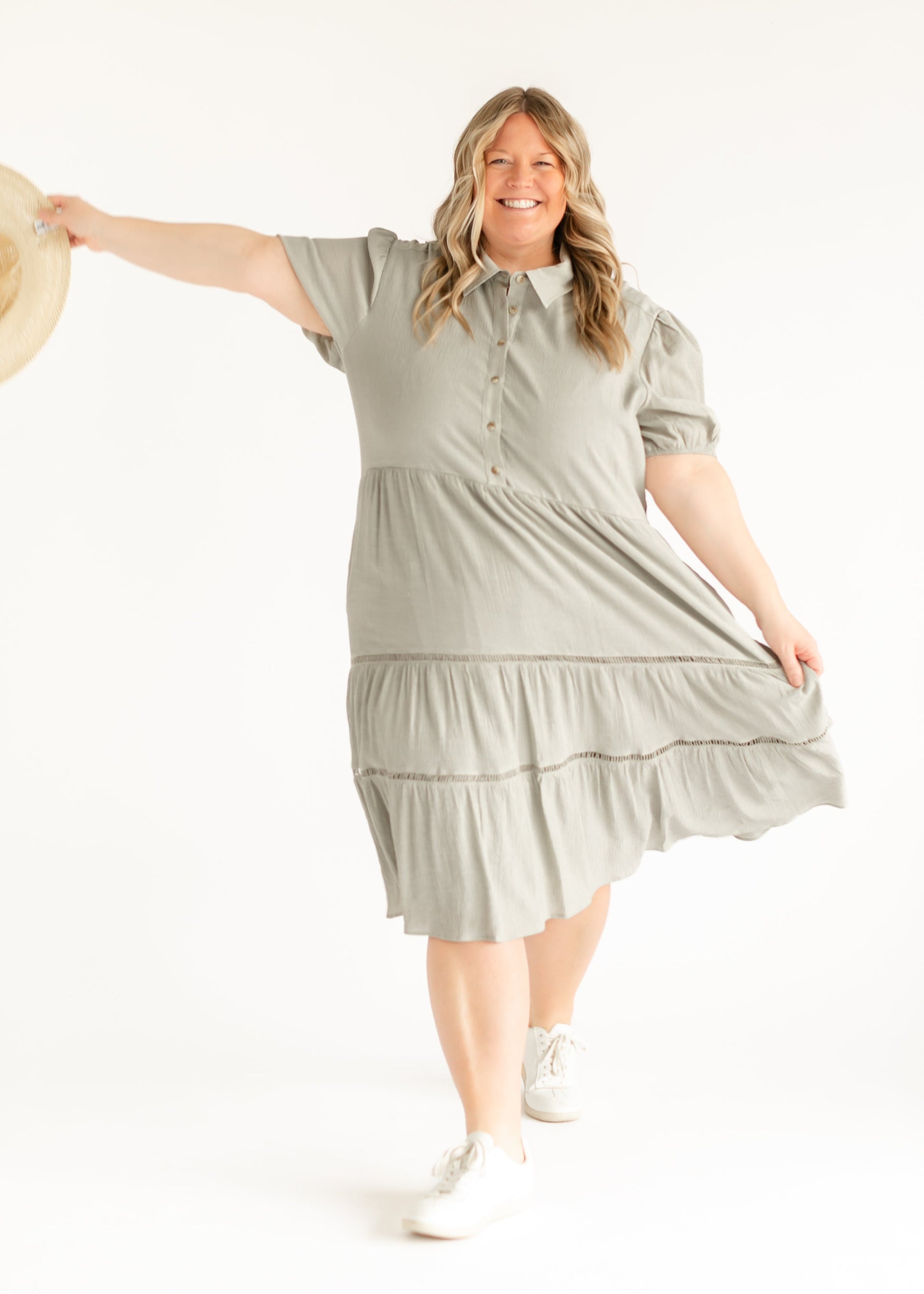 Textured Lace Contrast Half Button Midi Dress FF Dresses