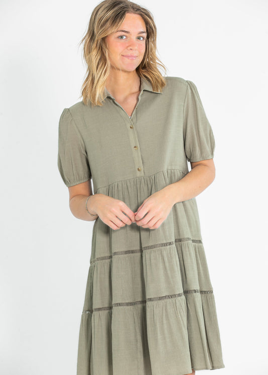 Textured Lace Contrast Half Button Midi Dress FF Dresses