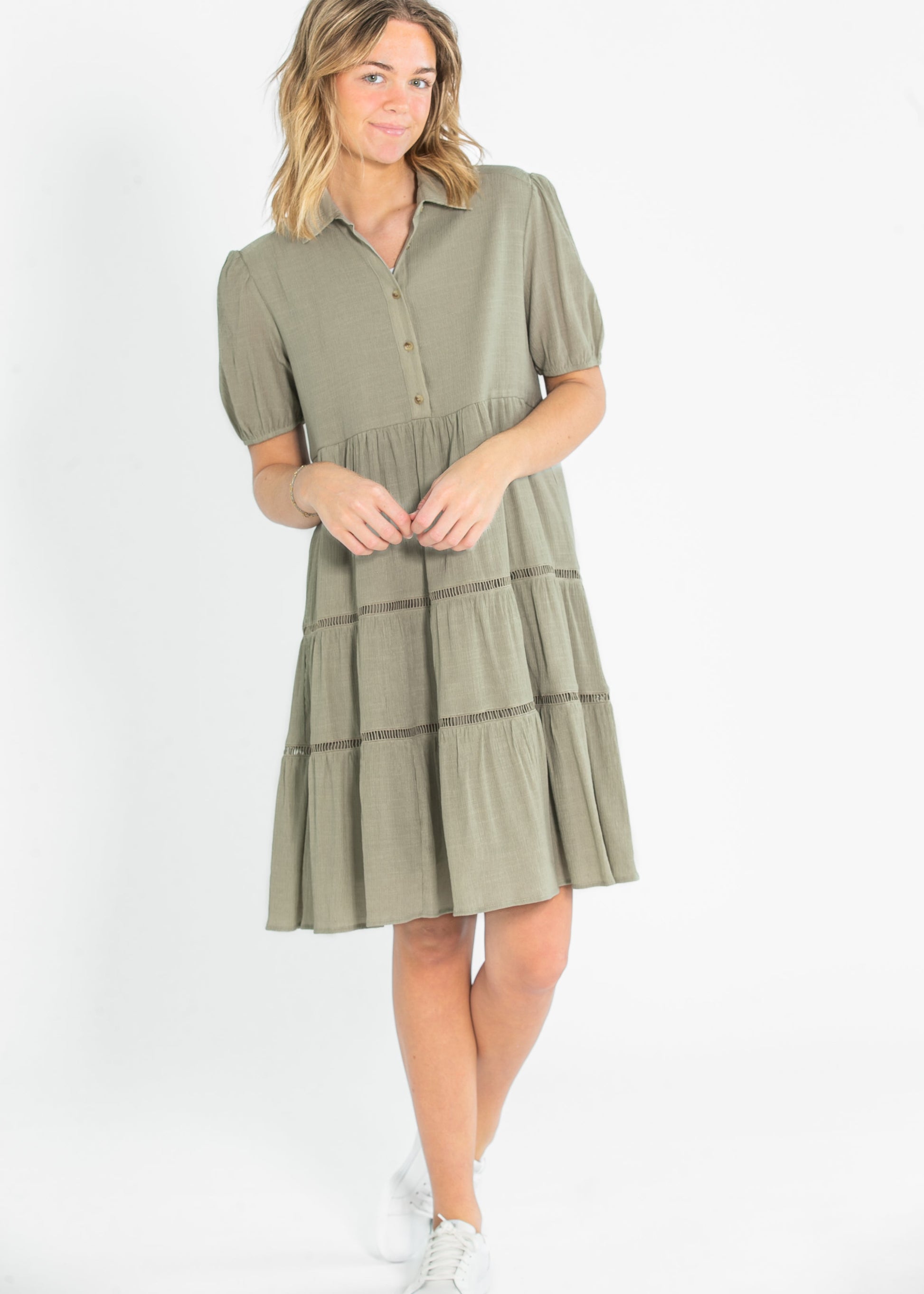 Textured Lace Contrast Half Button Midi Dress FF Dresses