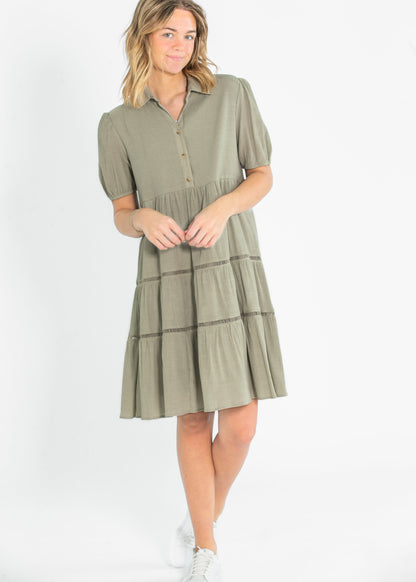 Textured Lace Contrast Half Button Midi Dress FF Dresses