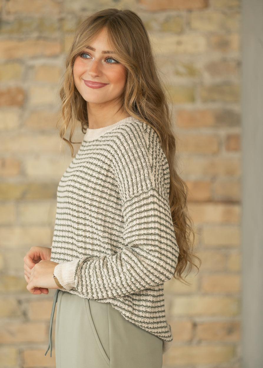 Textured Striped Crewneck Long Sleeve Sweater FF Tops