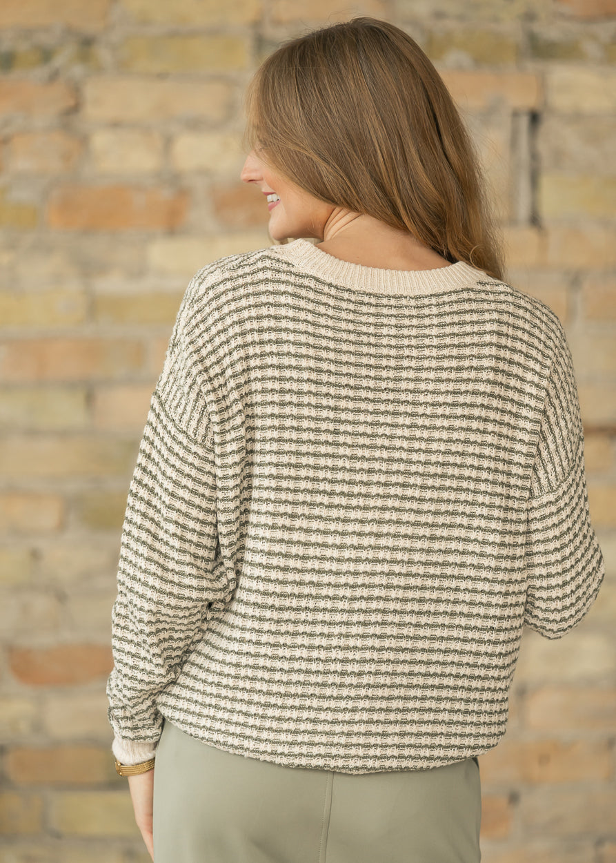 Textured Striped Crewneck Long Sleeve Sweater FF Tops