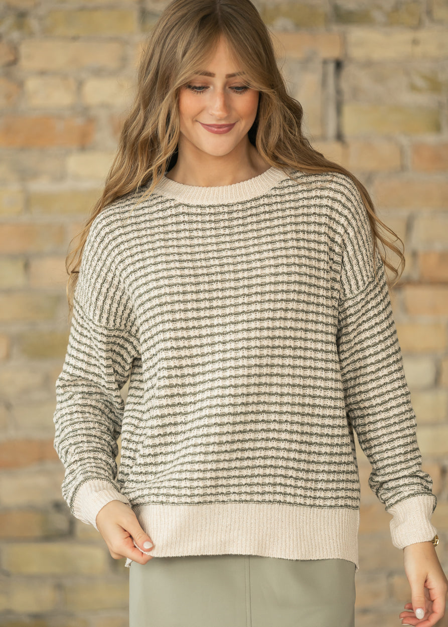 Textured Striped Crewneck Long Sleeve Sweater FF Tops