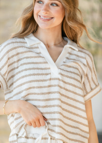 Textured Striped Short Sleeve Polo FF Tops