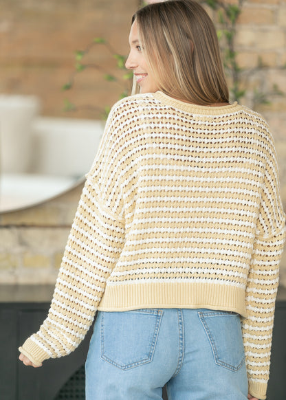 Textured Yellow Stripe Crochet Knit Button Cardigan FF Tops