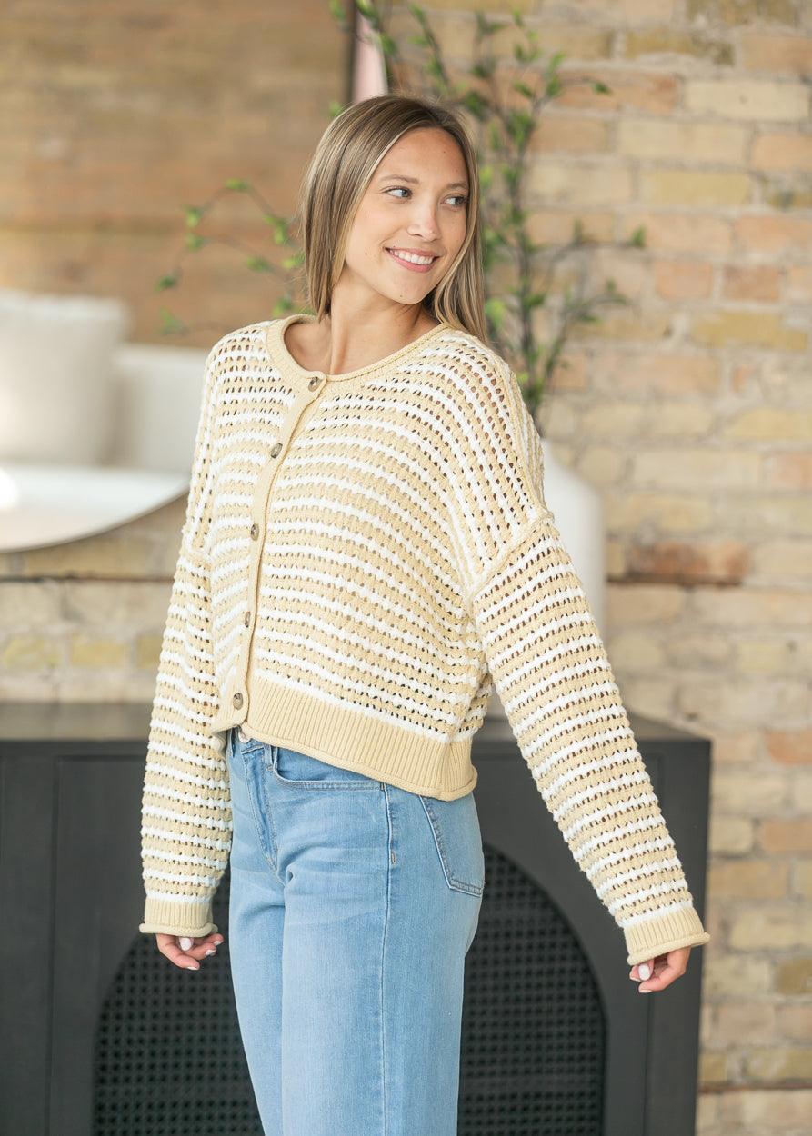 Textured Yellow Stripe Crochet Knit Button Cardigan FF Tops