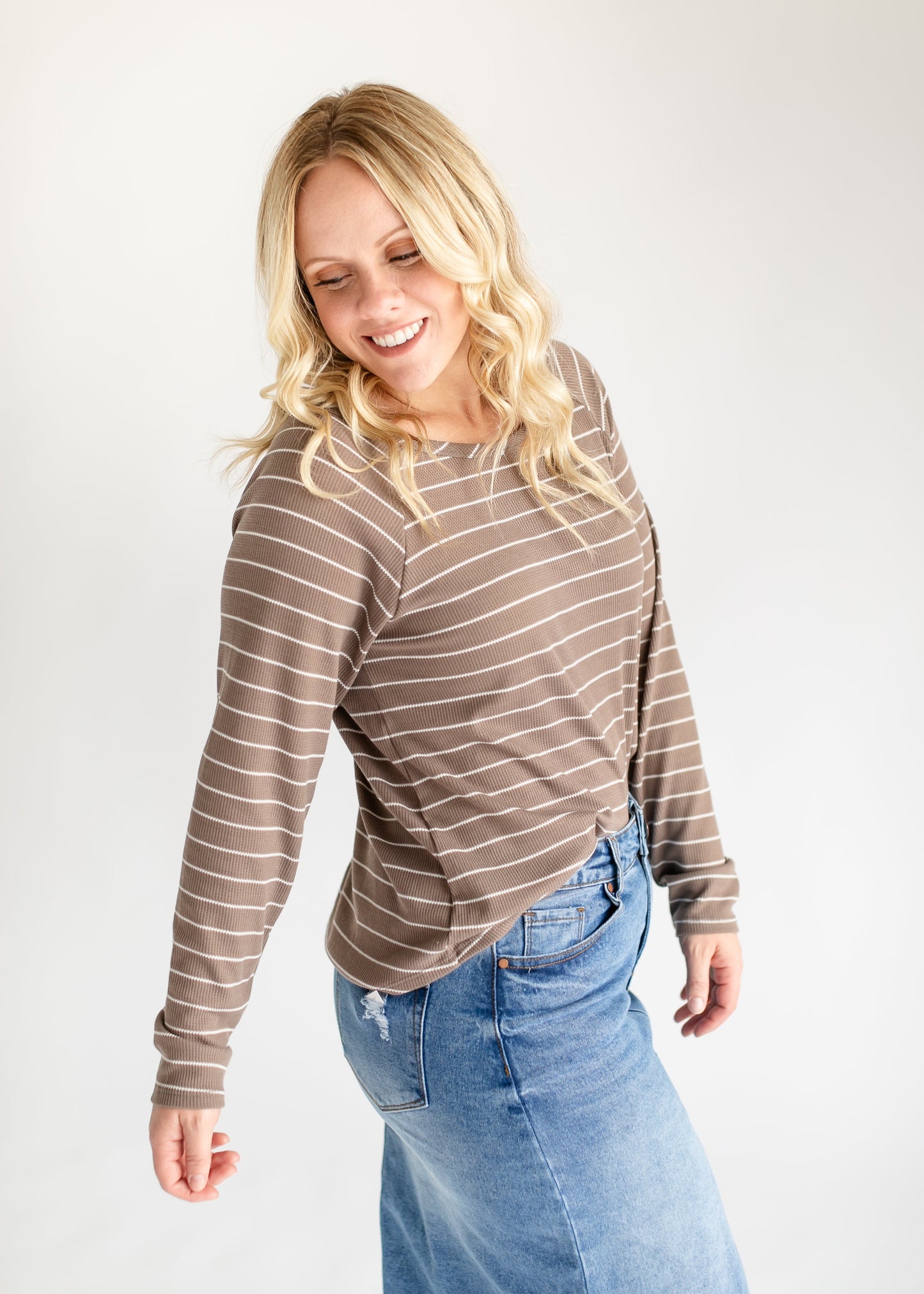 Thermal Stripe Round Neck Top FF Tops
