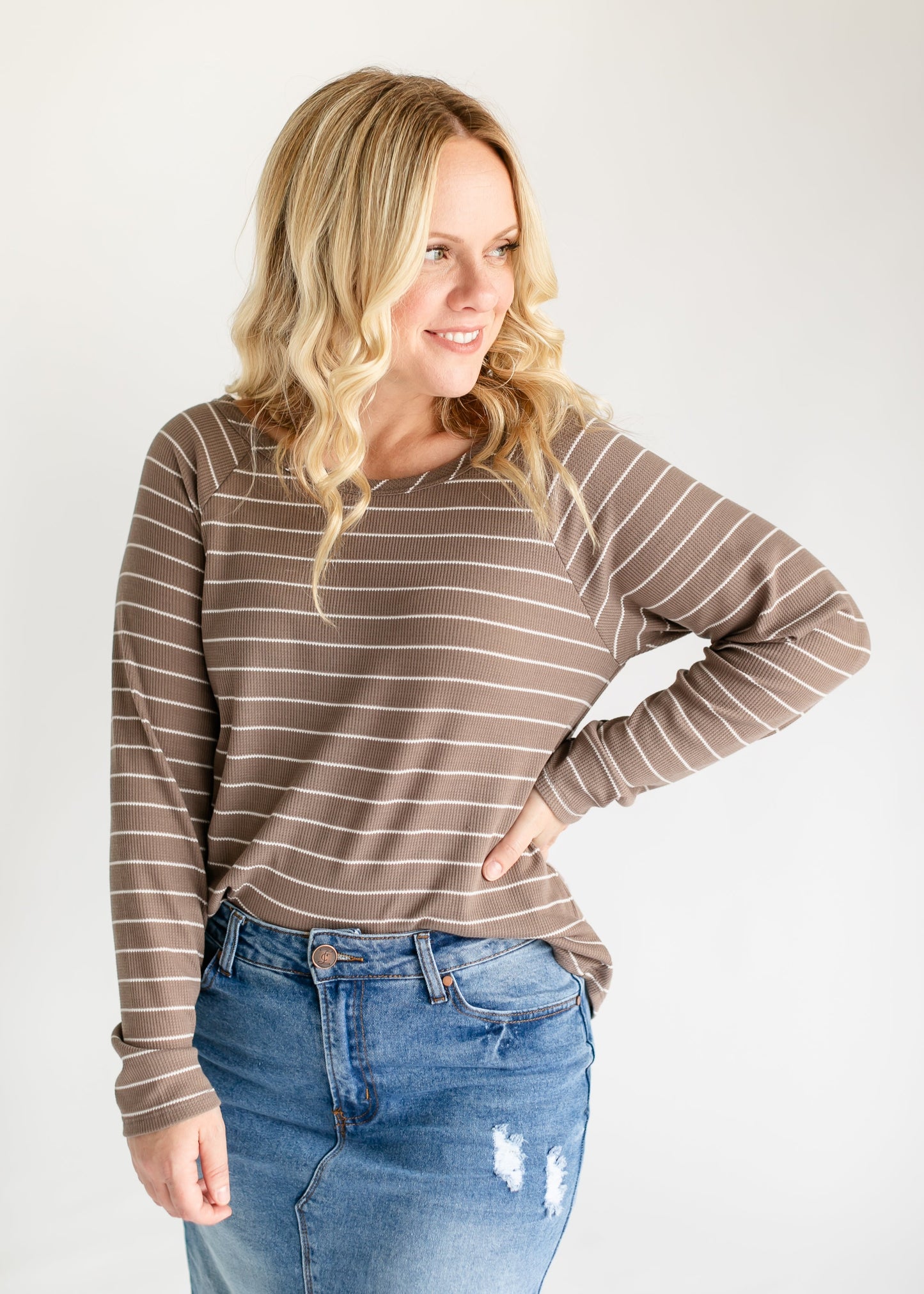 Thermal Stripe Round Neck Top FF Tops Mocha / S