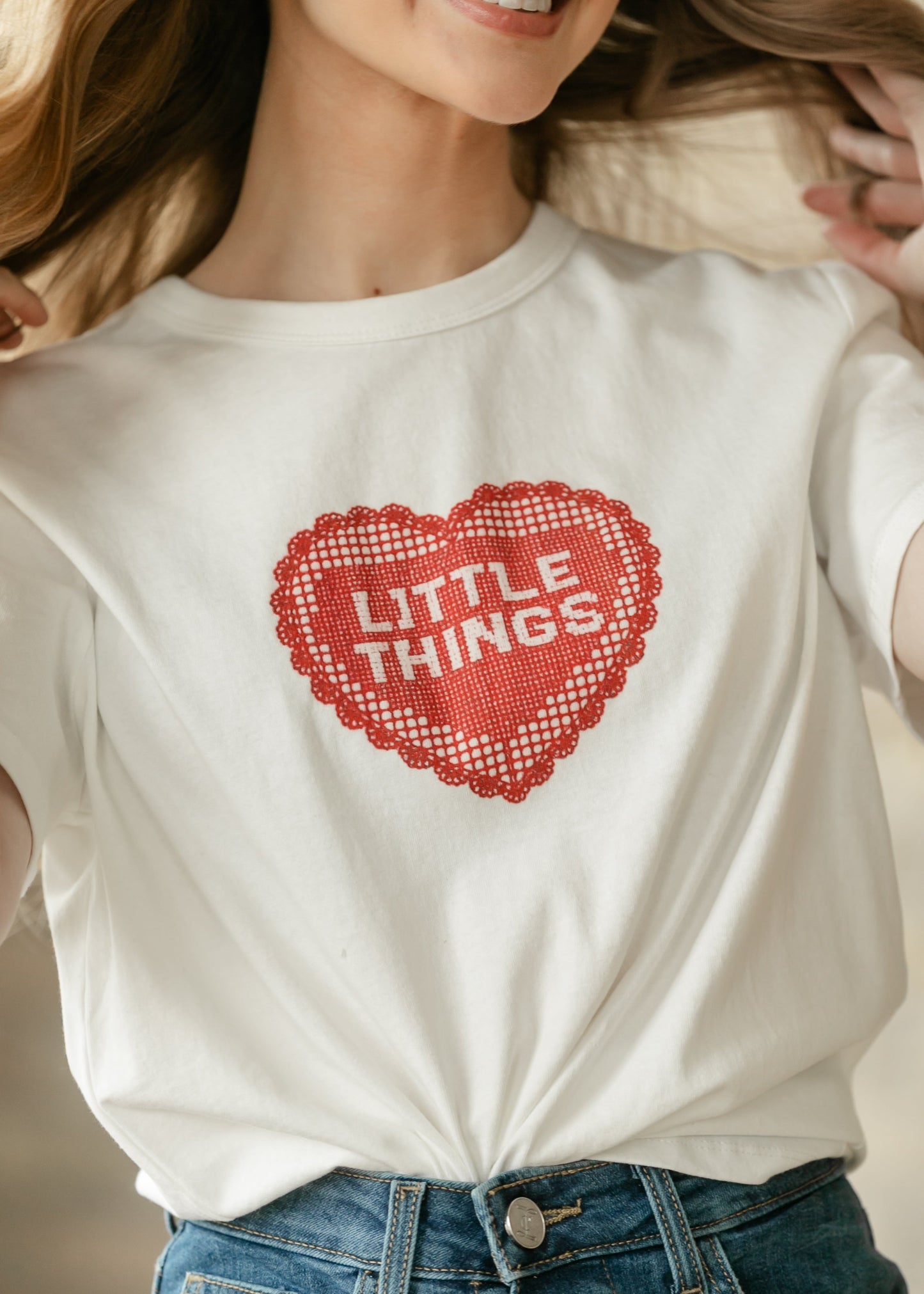 Things Between® Crochet Lace Heart Graphic T-Shirt FF Tops