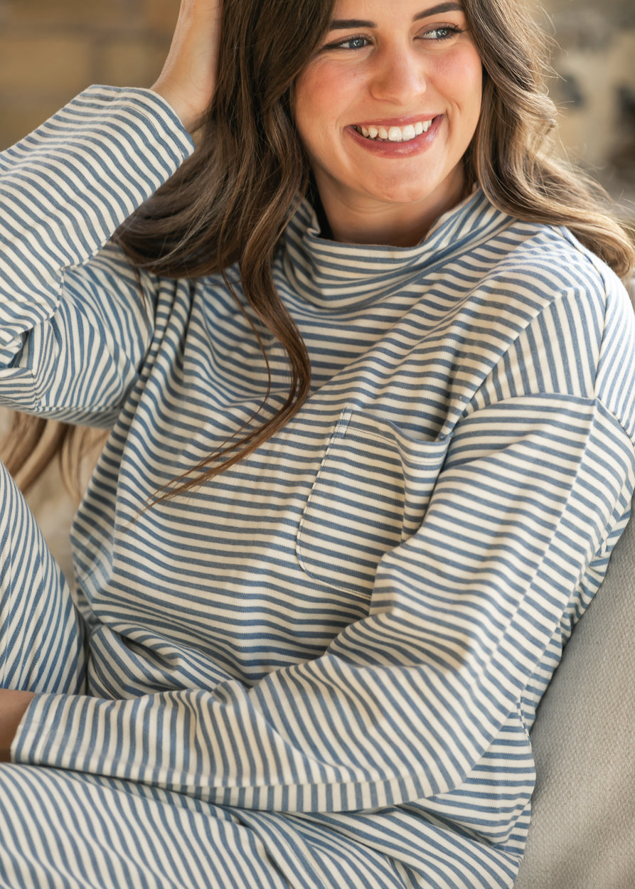 Things Between® Light Blue Striped Mock Neck Top FF Tops