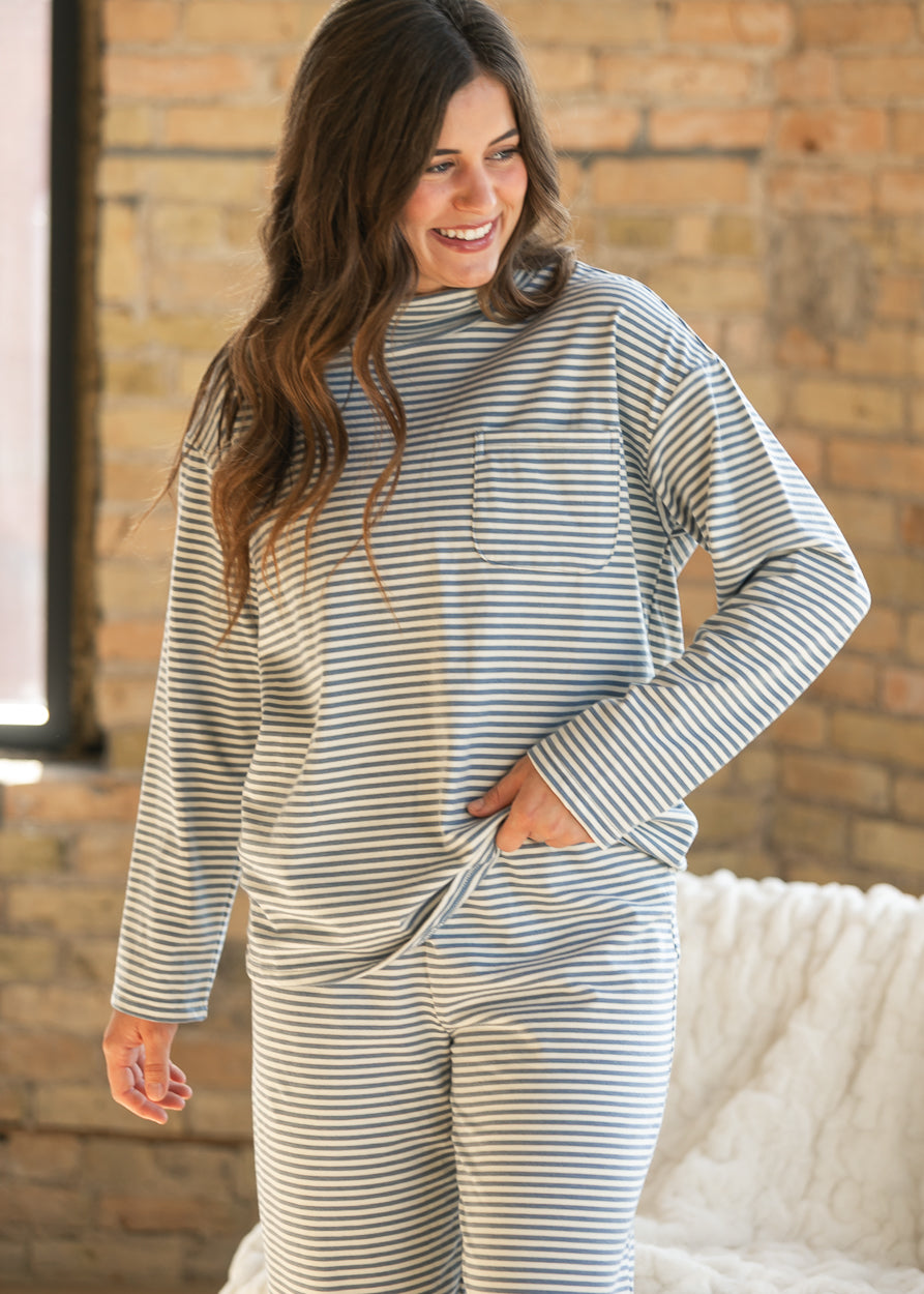 Things Between® Light Blue Striped Mock Neck Top FF Tops S