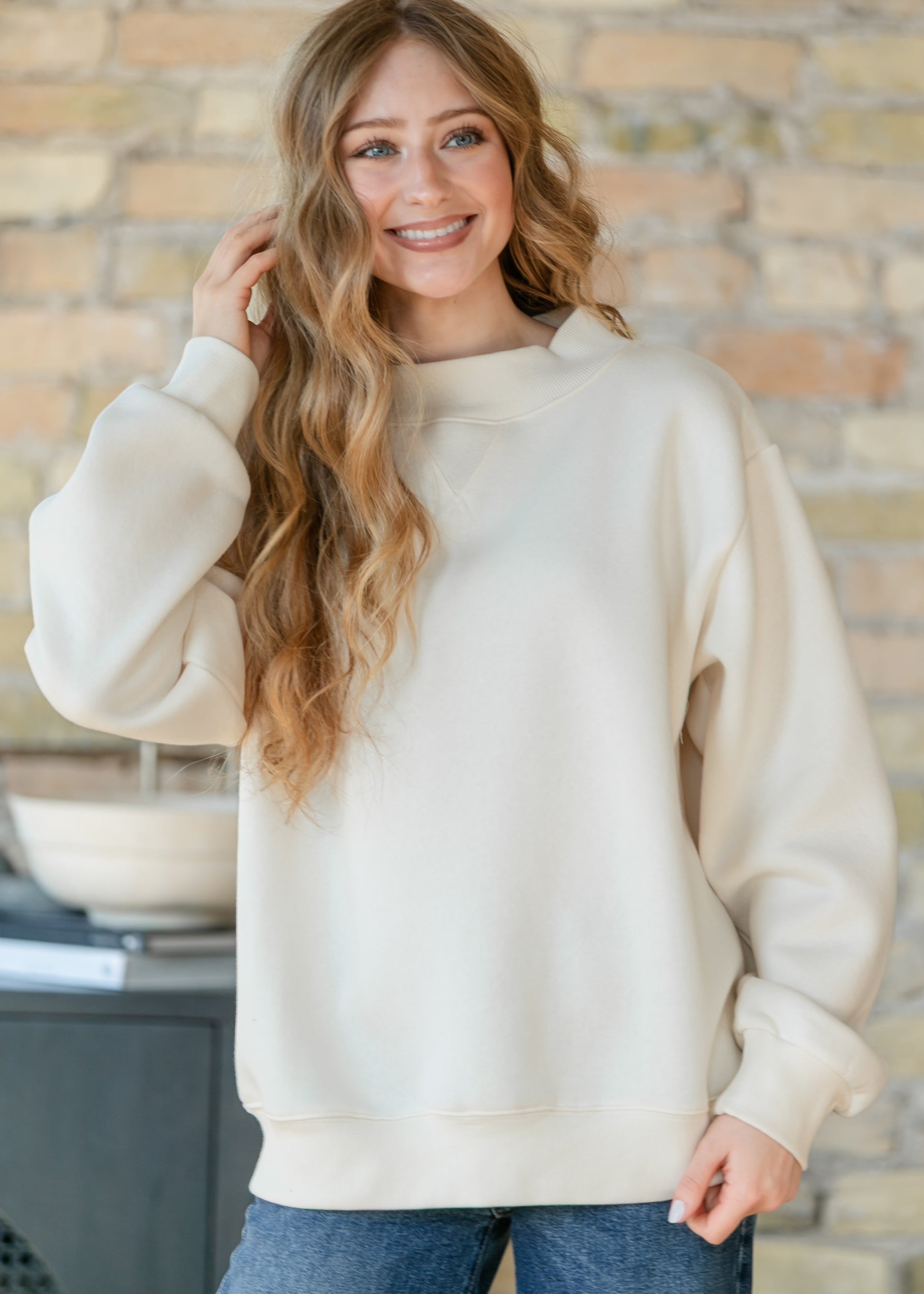Things Between® Nelly Mock Neck Cream Sweatshirt FF Tops