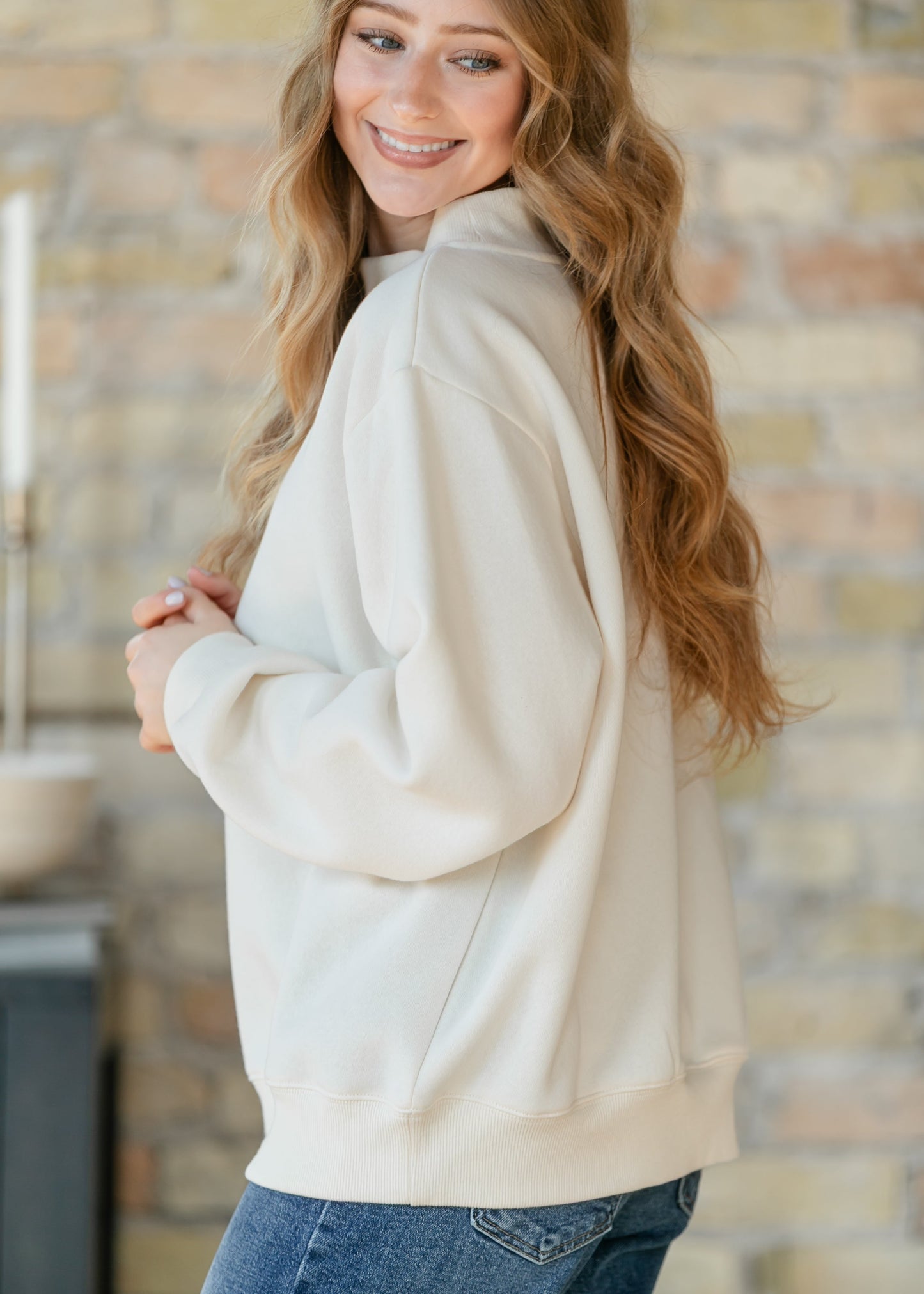 Things Between® Nelly Mock Neck Cream Sweatshirt FF Tops