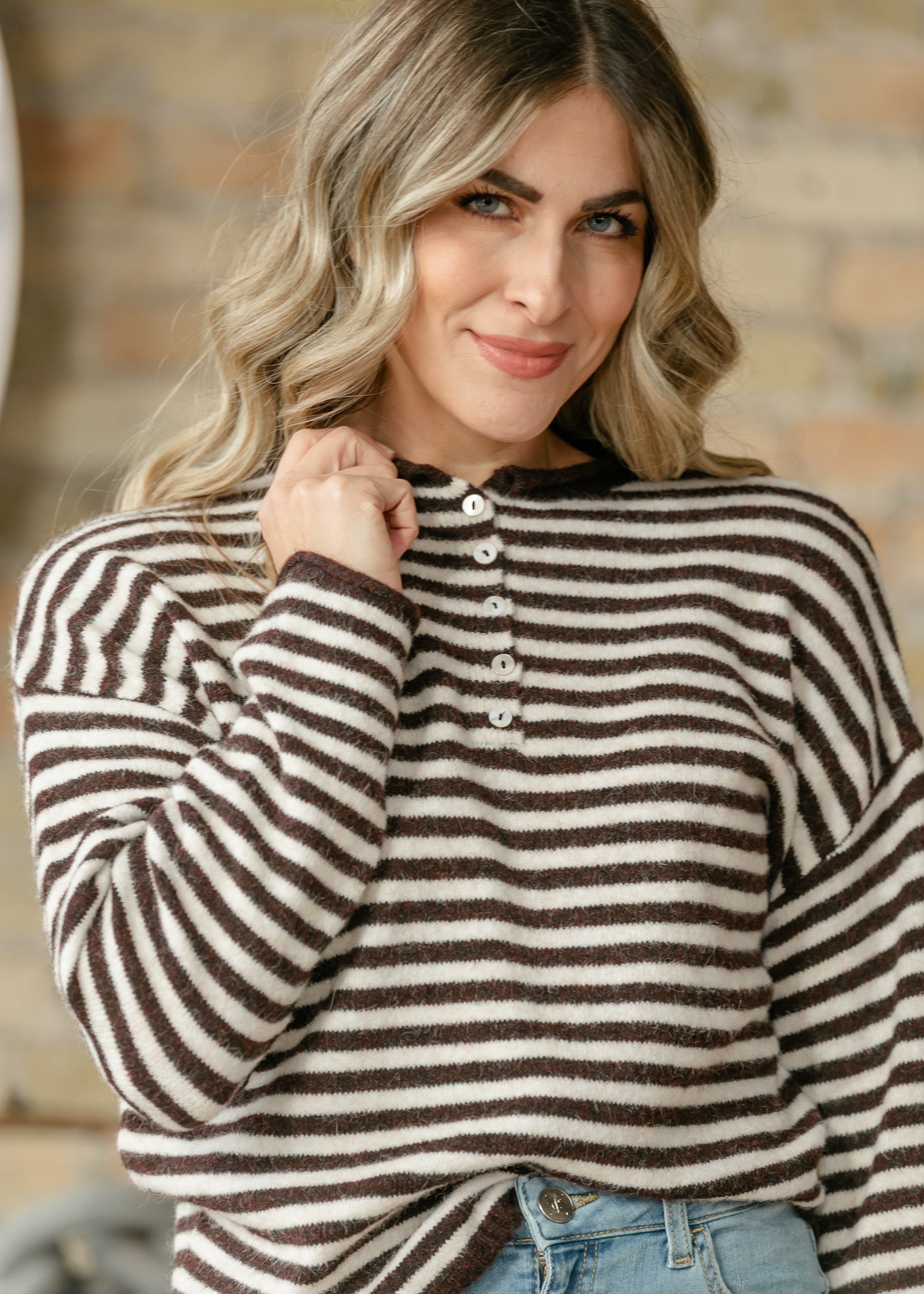 Things Between® Piper Henley Striped Pullover FF Tops