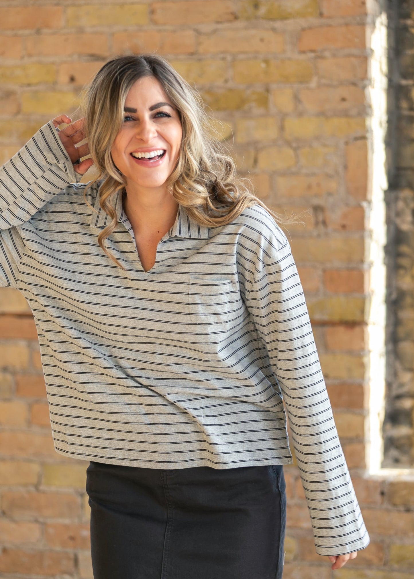 Things Between® Striped Long Sleeve Collared Top FF Tops