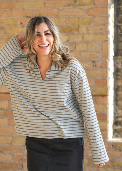 Things Between® Striped Long Sleeve Collared Top FF Tops