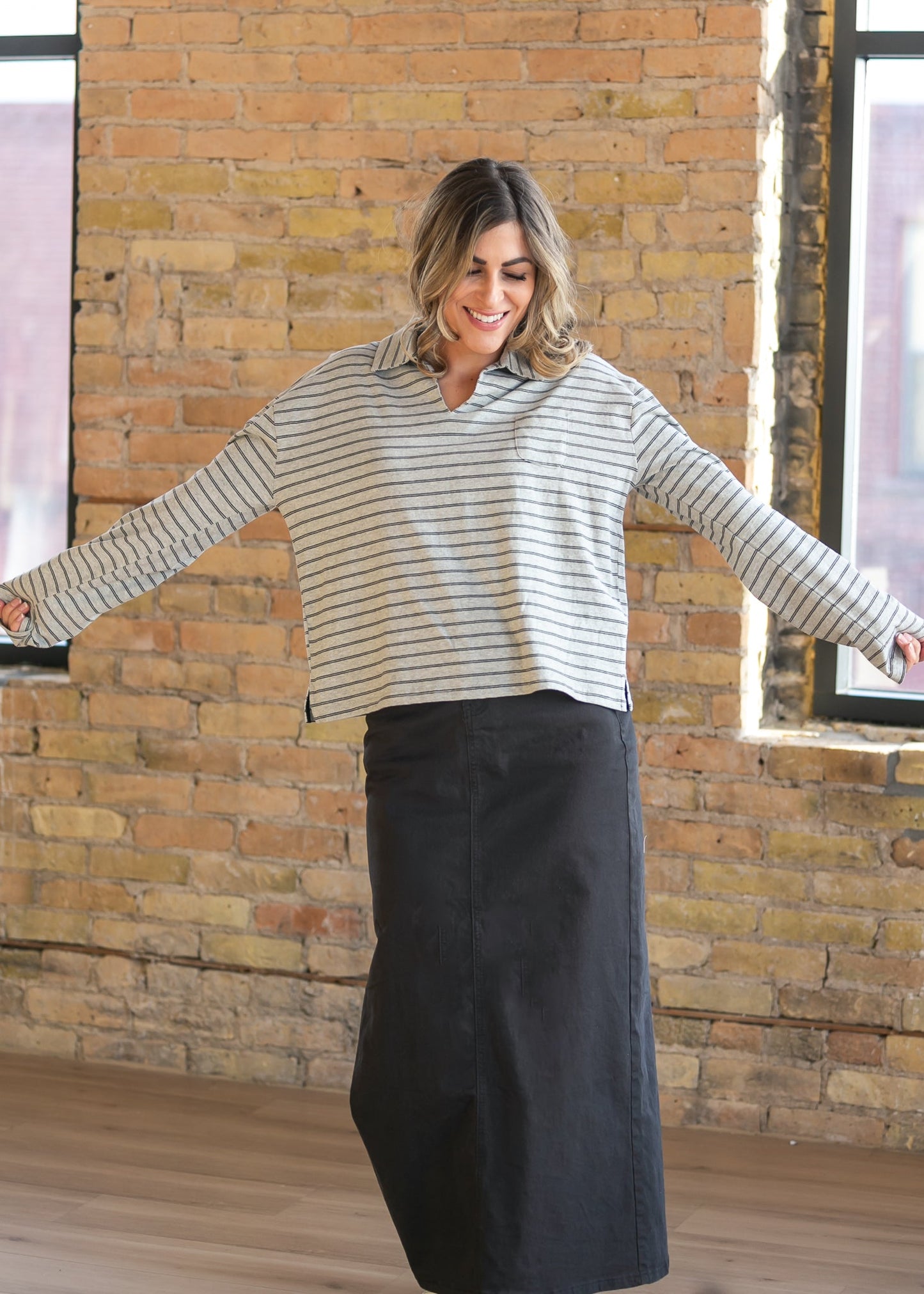 Things Between® Striped Long Sleeve Collared Top FF Tops