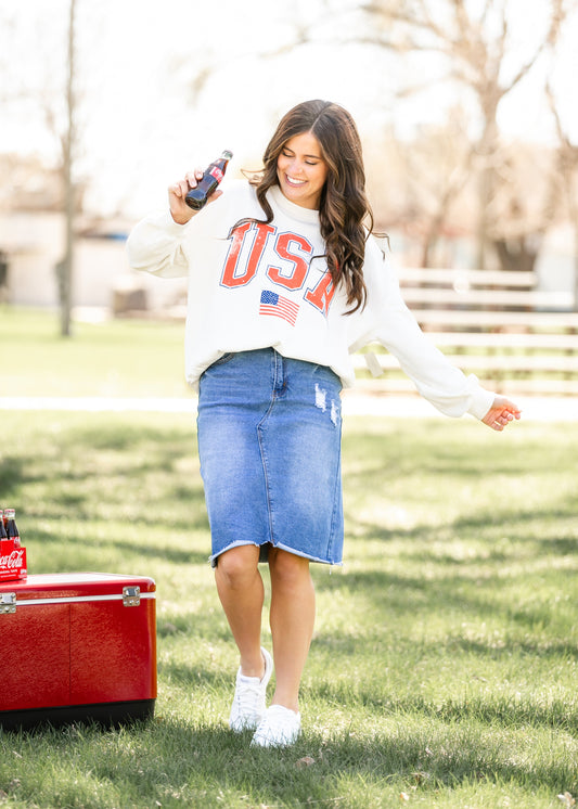 Tiana Distressed Denim Midi Skirt IC Skirts