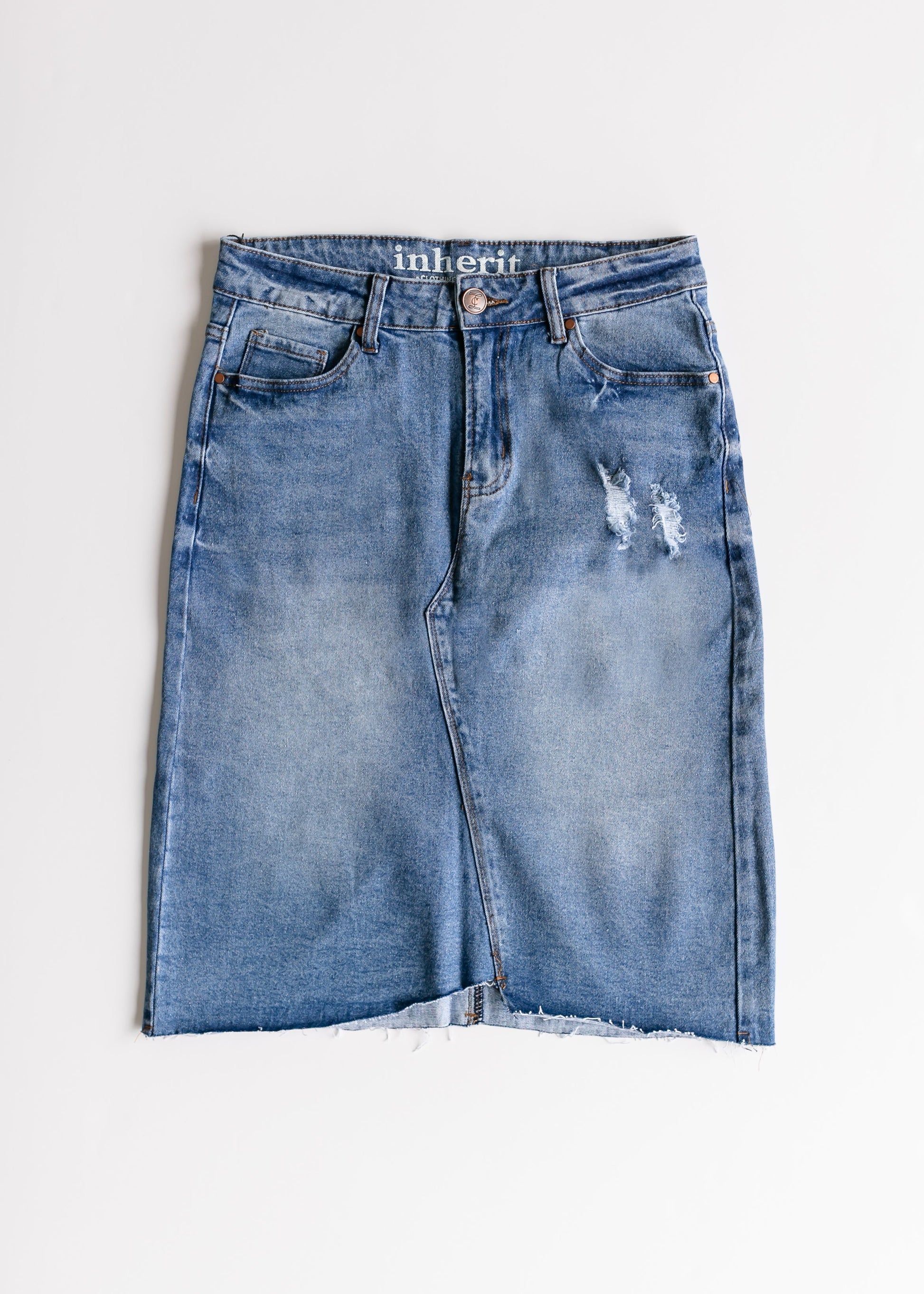 Tiana Distressed Denim Midi Skirt IC Skirts