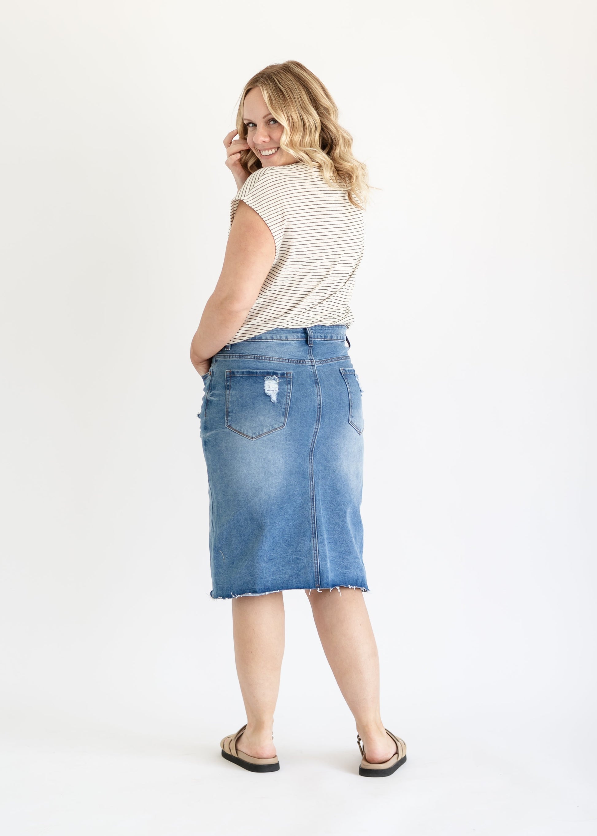 Tiana Distressed Denim Midi Skirt IC Skirts