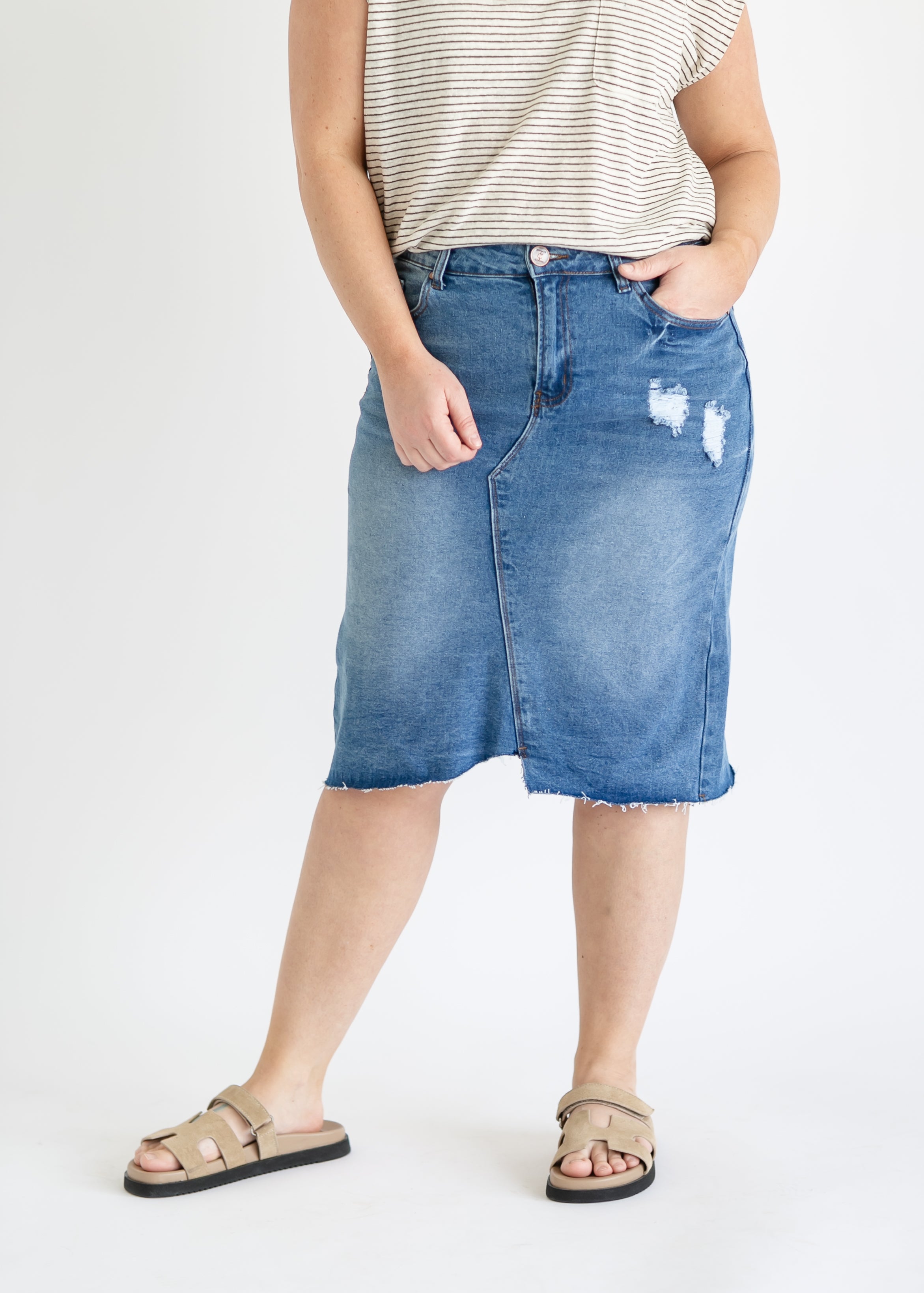 Tiana Distressed Denim Midi Skirt Inherit Co