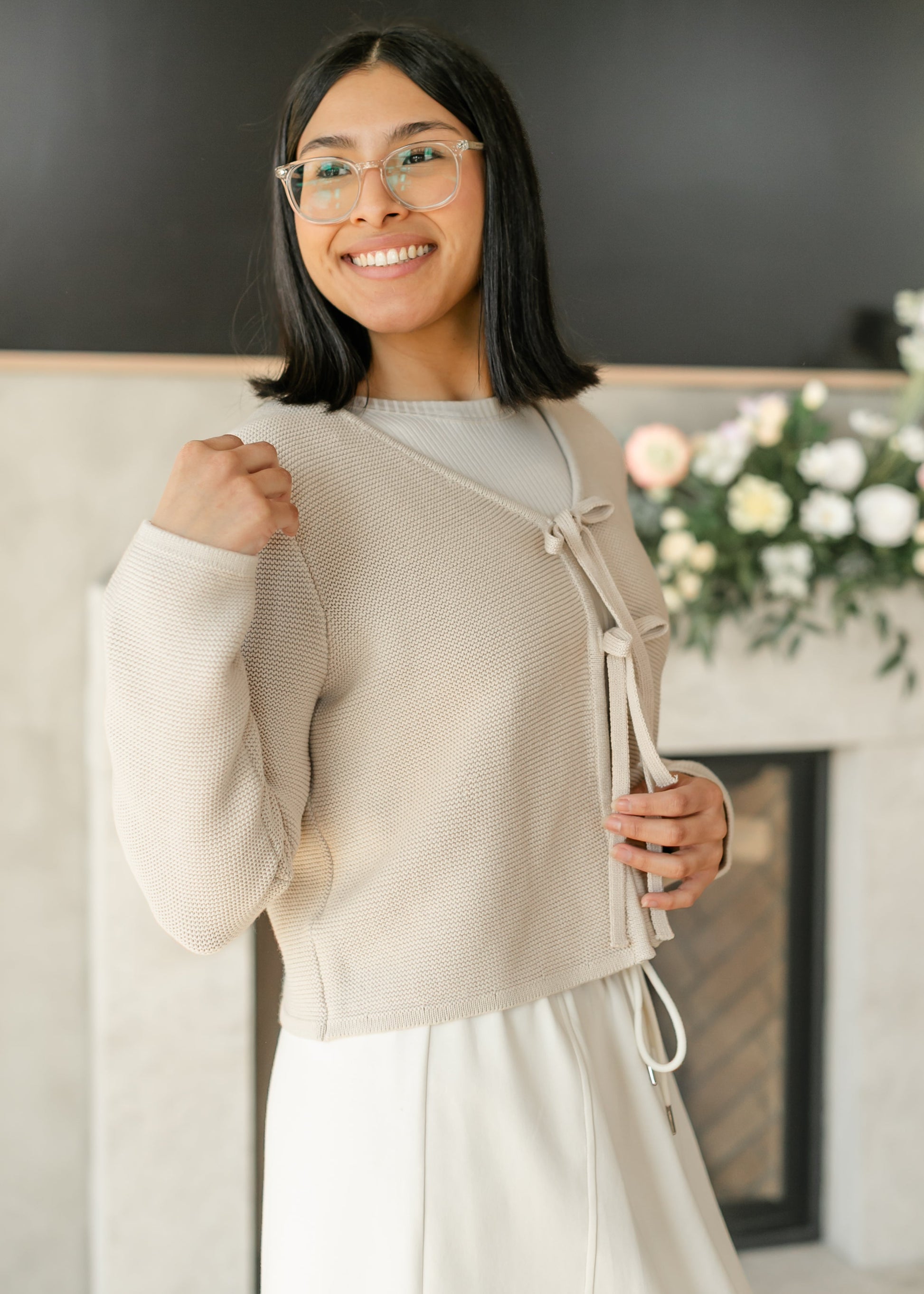 Tie Front Sweater Knit Cardigan FF Tops