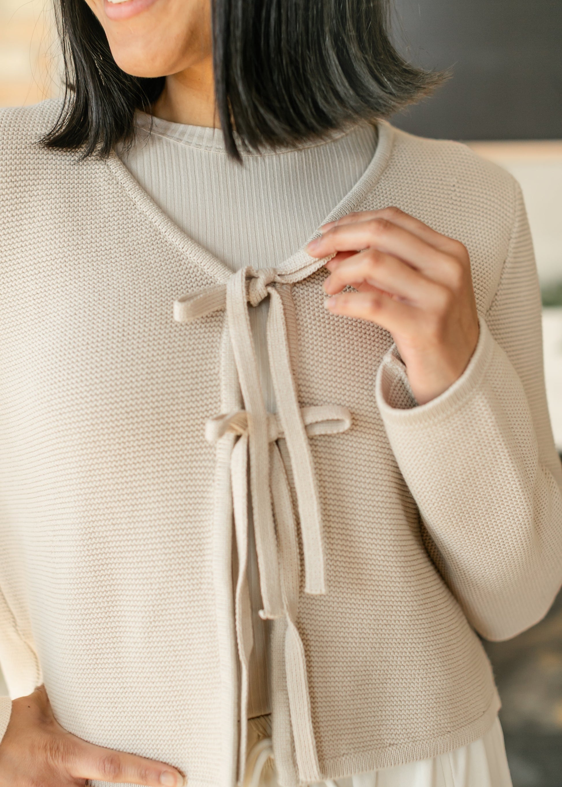 Tie Front Sweater Knit Cardigan FF Tops