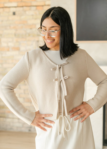 Tie Front Sweater Knit Cardigan FF Tops