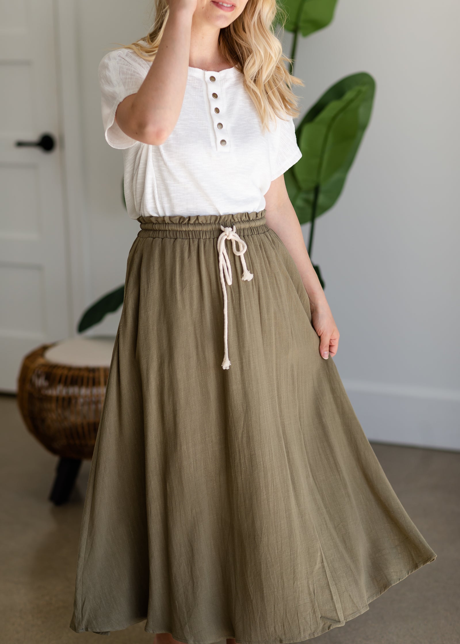 Tie Waist Knit Maxi Skirt Skirts Olive / S