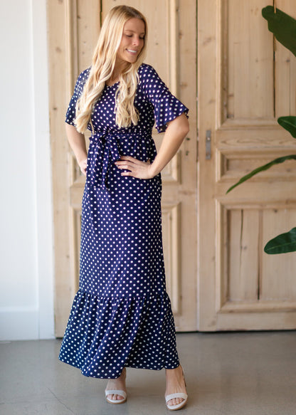 And White Polka Polka Dot Sun Dresses Midi Length Tie Waist Polka