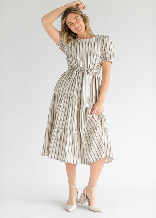 Tie Waist Striped Tiered Maxi Dress FF Dresses