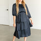 Tiered 3/4 Sleeve Satin Midi Dress FF Dresses Navy / S