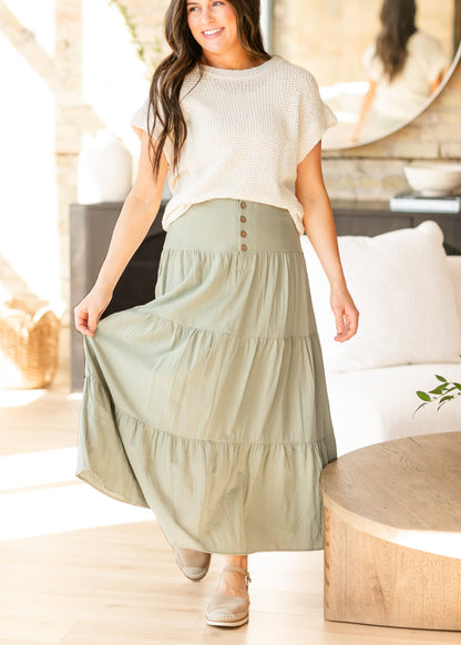 Tiered Button Up Olive Maxi Skirt FF Skirts