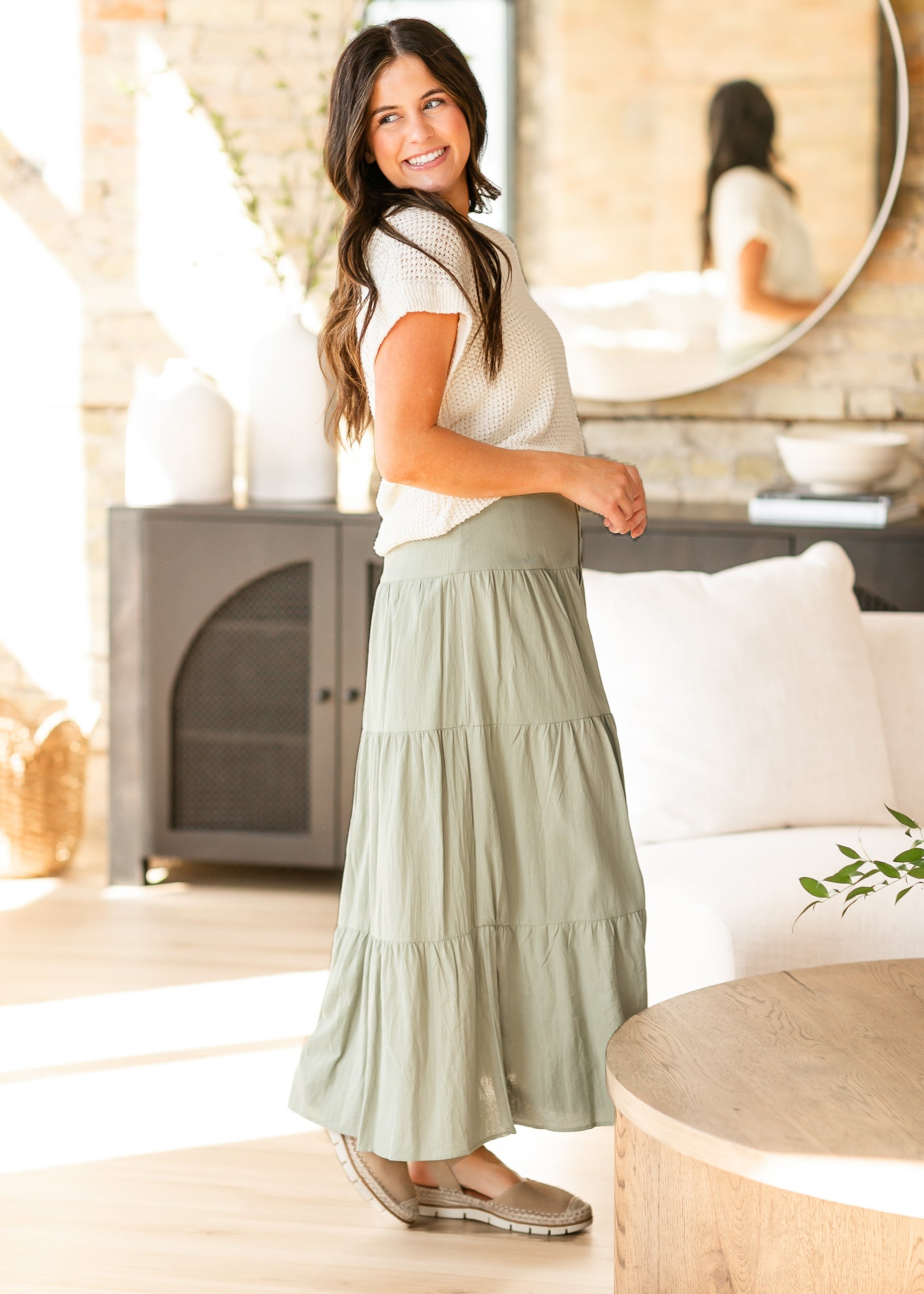 Tiered Button Up Olive Maxi Skirt FF Skirts