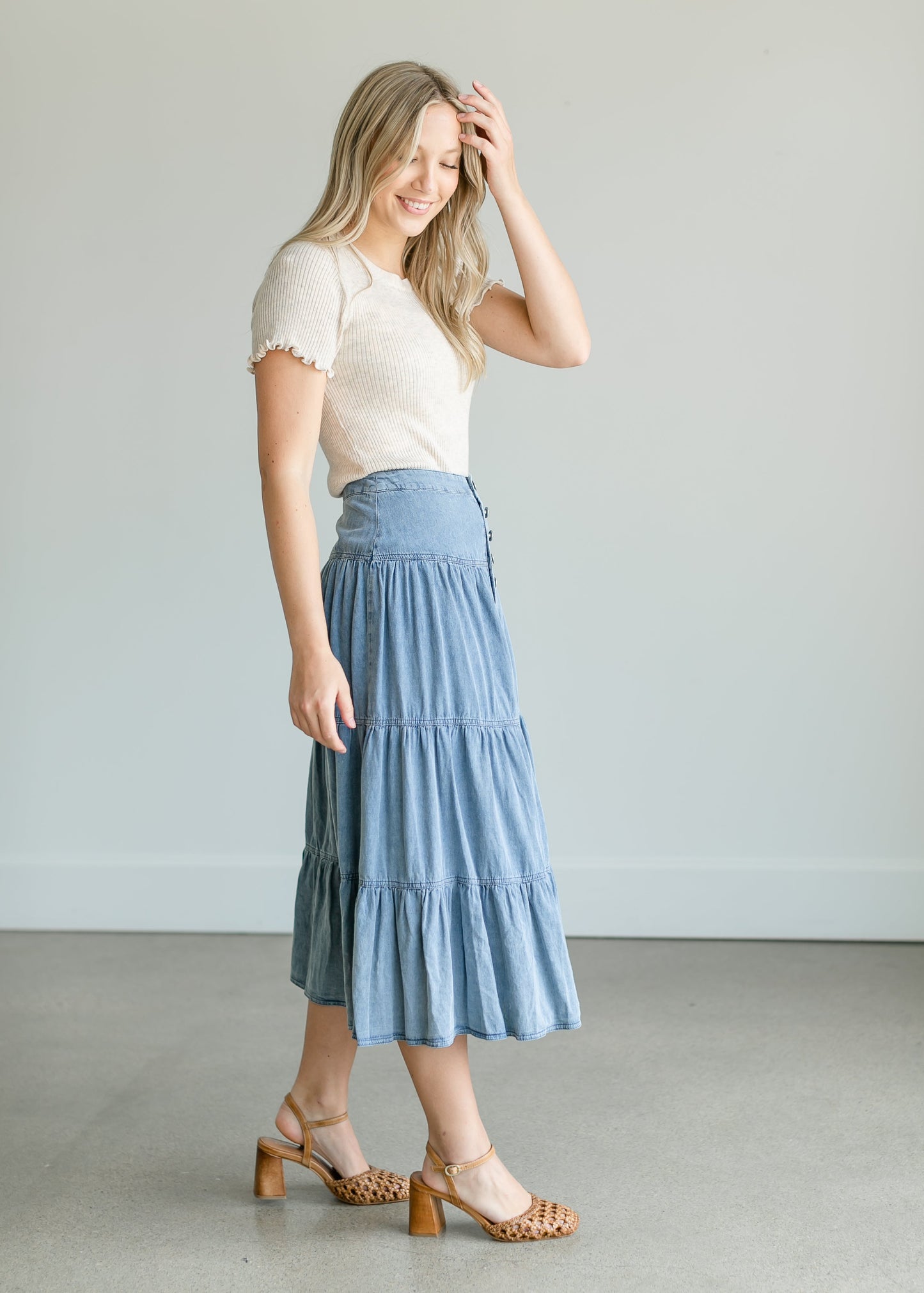 Tiered Chambray Blue Midi Skirt Skirts
