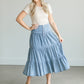 Tiered Chambray Blue Midi Skirt Skirts
