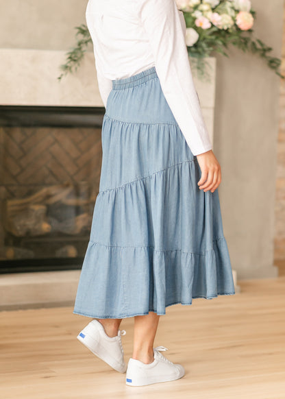 Tiered Elastic Waist Chambray Denim Skirt FF Skirts