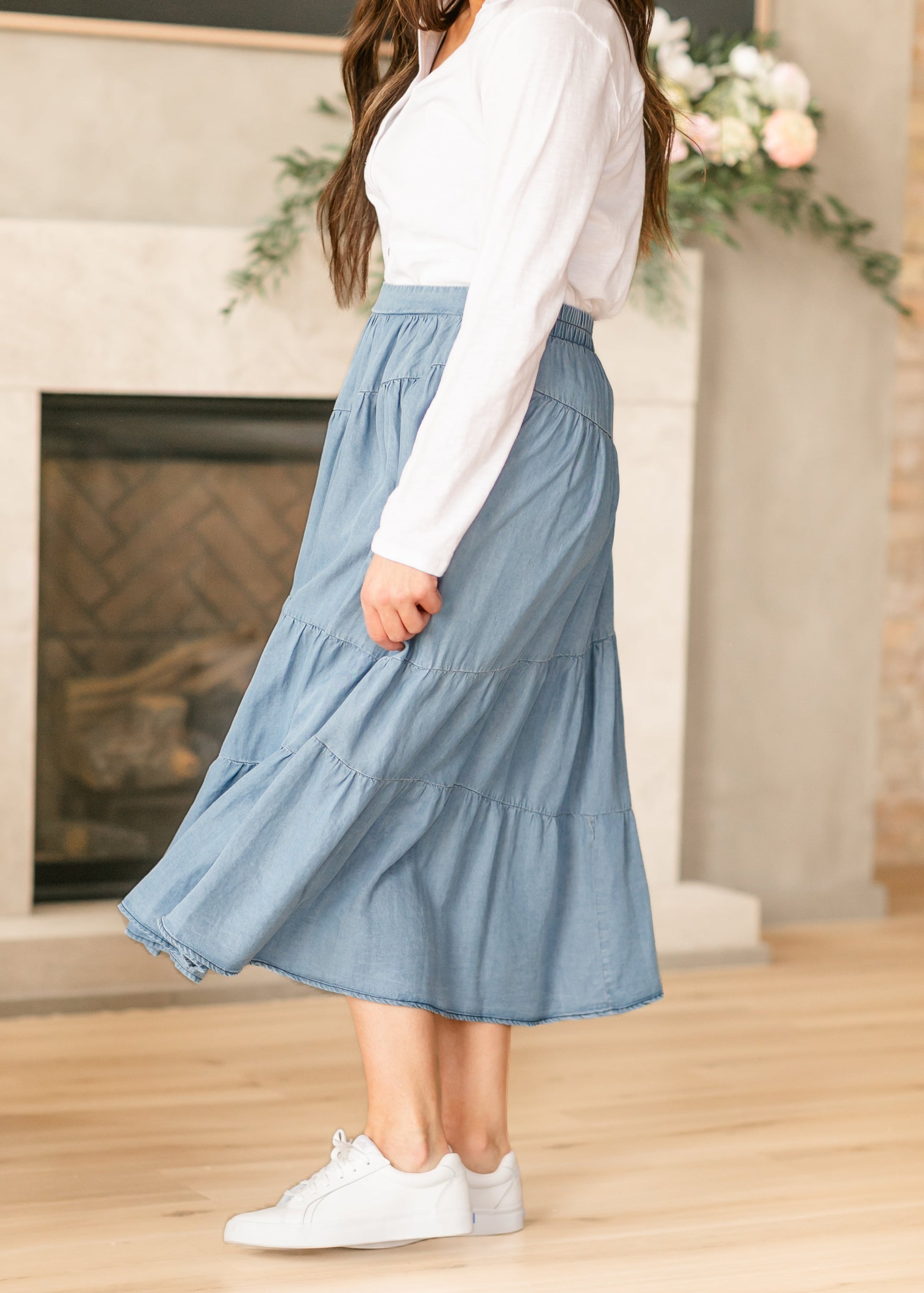 Tiered Elastic Waist Chambray Denim Skirt FF Skirts