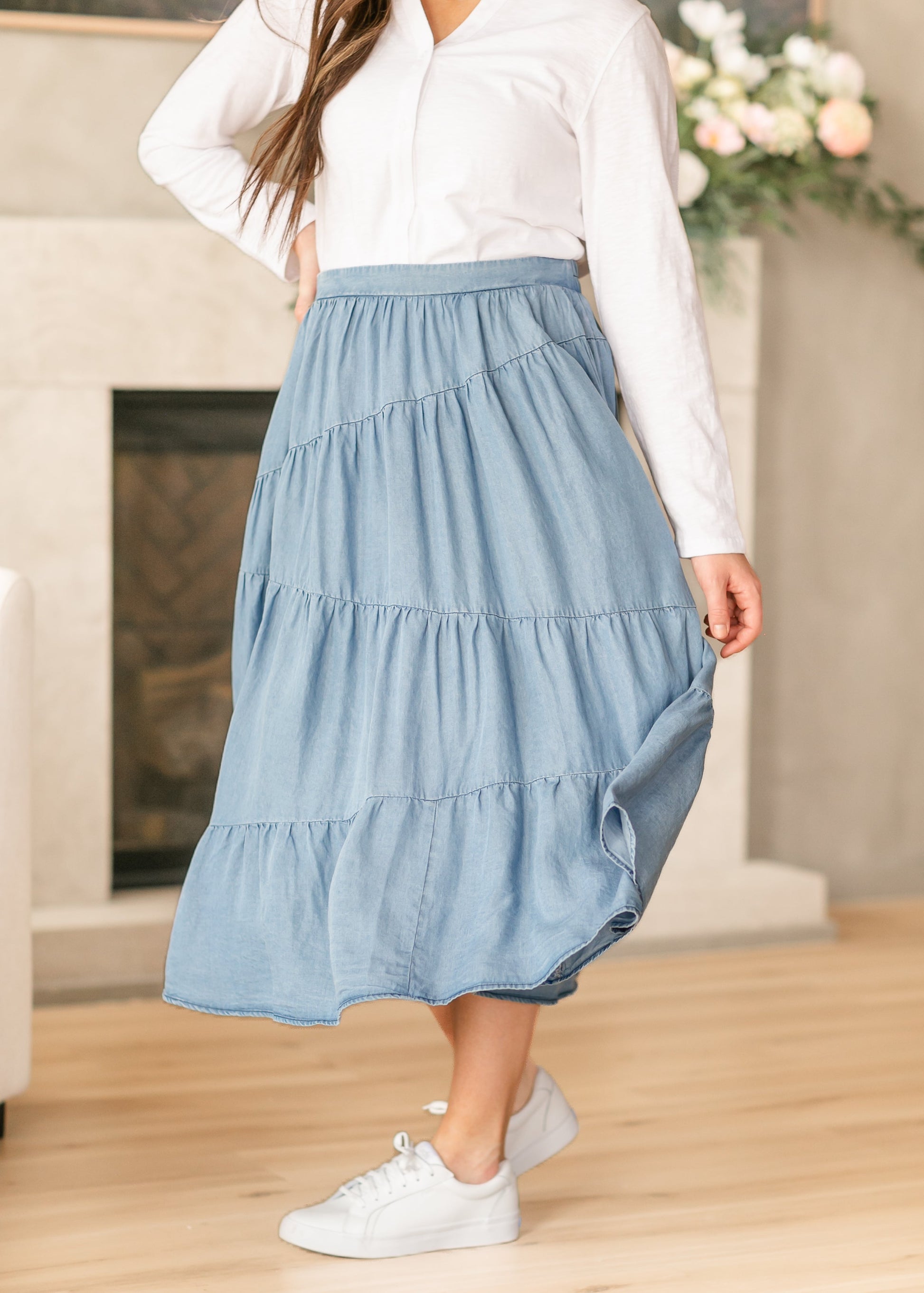 Tiered Elastic Waist Chambray Denim Skirt FF Skirts
