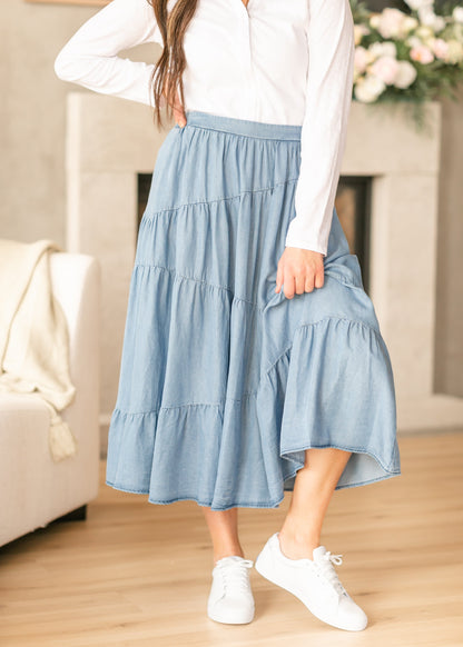 Tiered Elastic Waist Chambray Denim Skirt FF Skirts
