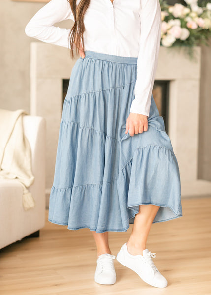 Tiered Elastic Waist Chambray Denim Skirt - FINAL SALE