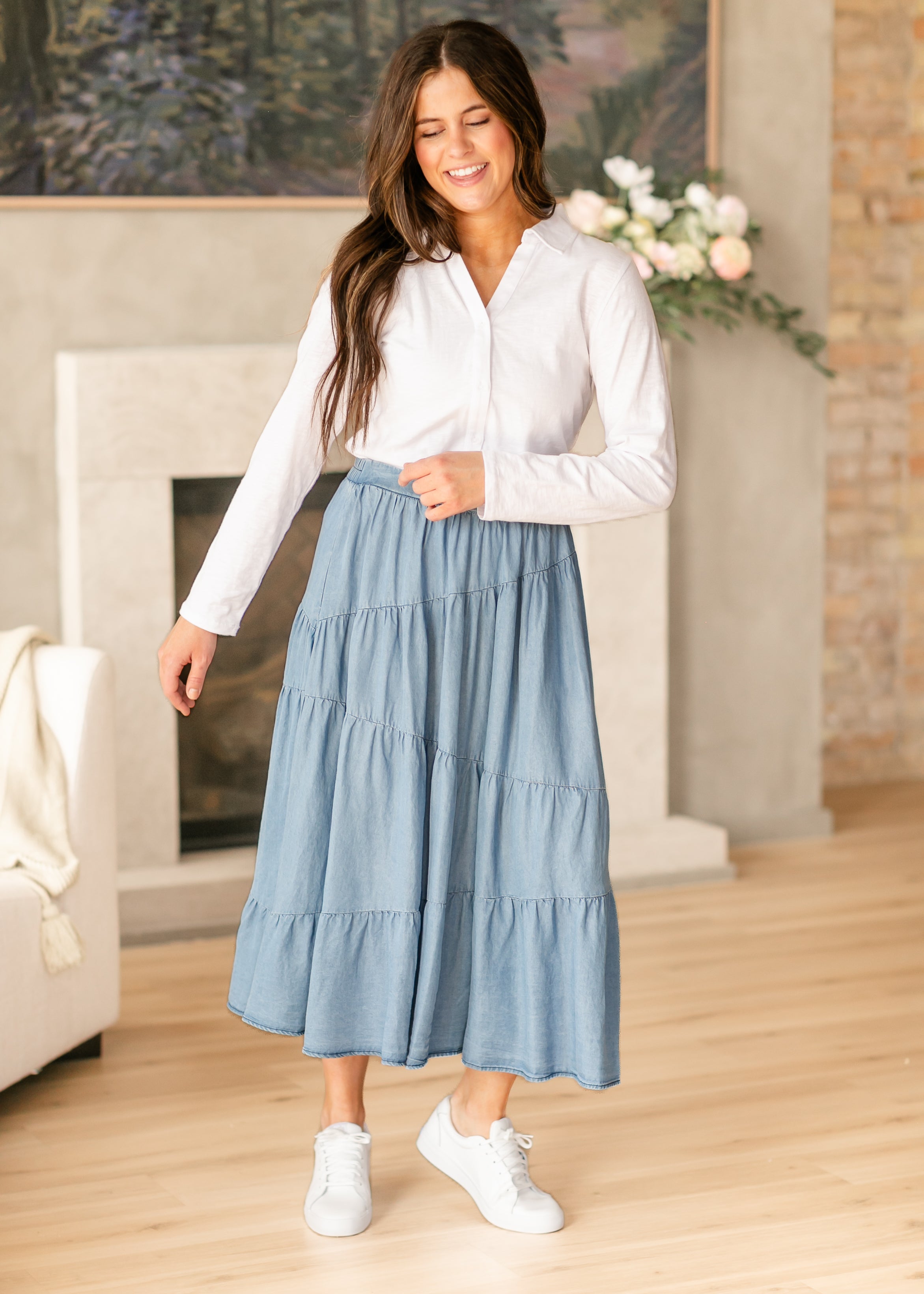 Tiered Elastic Waist Chambray Denim Skirt FINAL SALE – Inherit