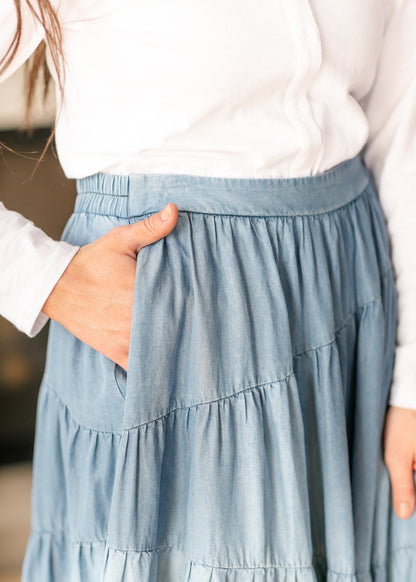 Tiered Elastic Waist Chambray Denim Skirt FF Skirts