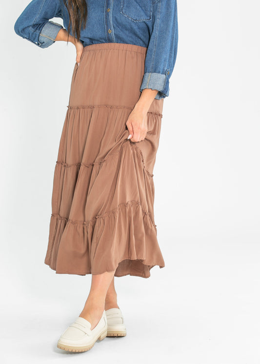 Tiered Elastic Waist Maxi Skirt FF Skirts Brown / S