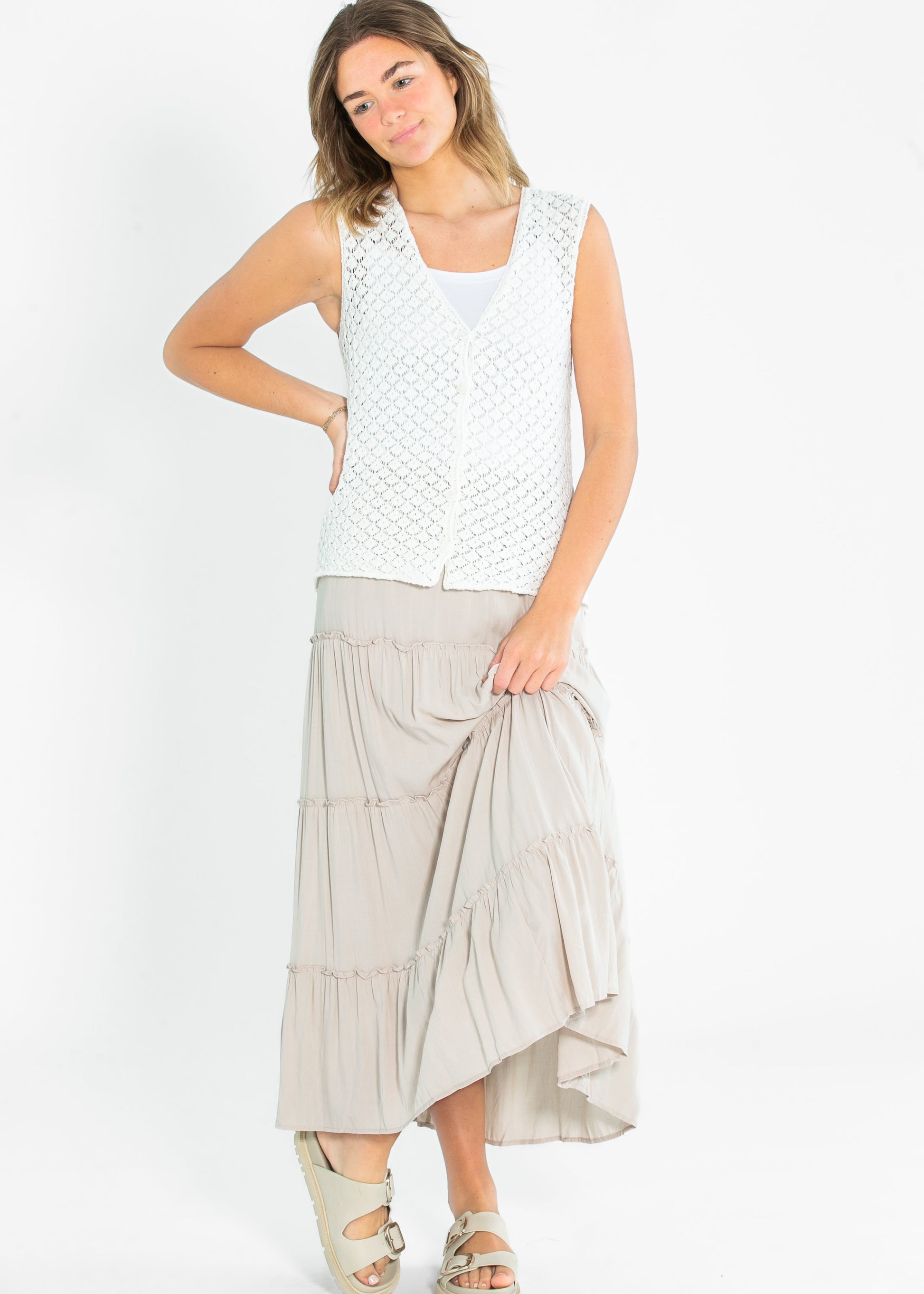 Tiered Elastic Waist Maxi Skirt FF Skirts Stone / S