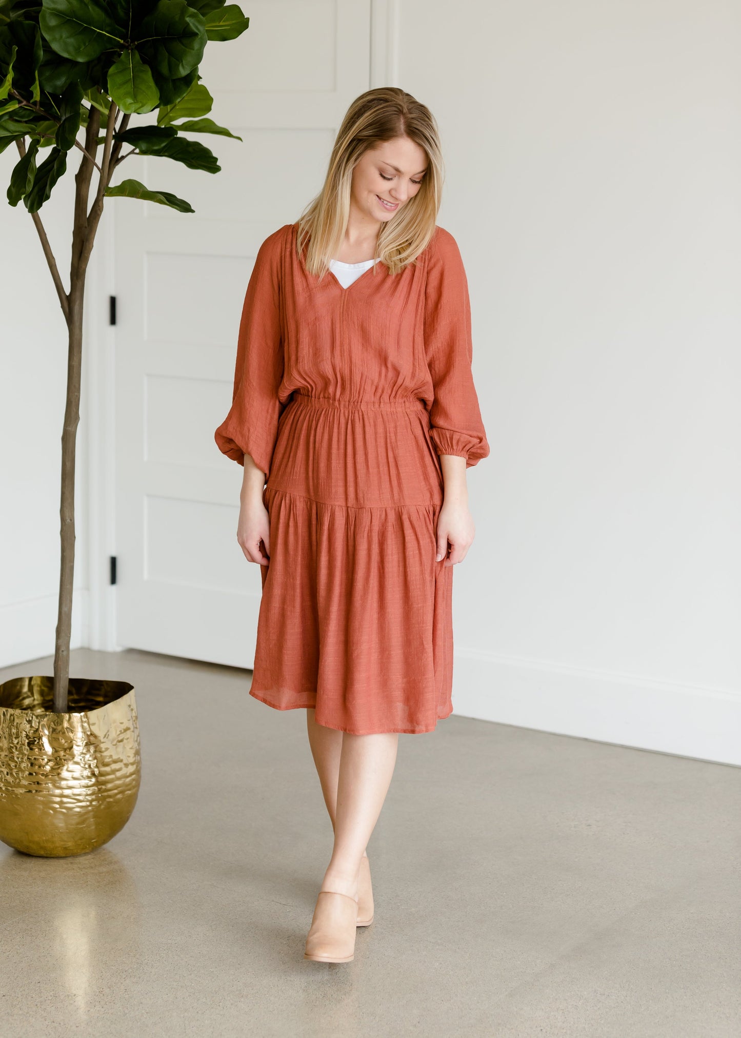 Tiered Luster 3/4 Sleeve Midi Dress - FINAL SALE Dresses
